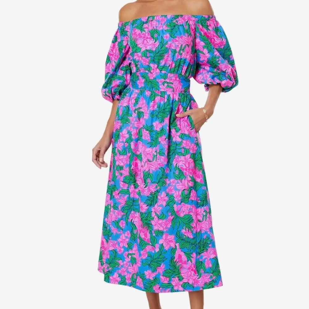 Lilly Pulitzer Shawnlee Elbow Sleeve Off-The-Shoulder Cotton Midi Dress
